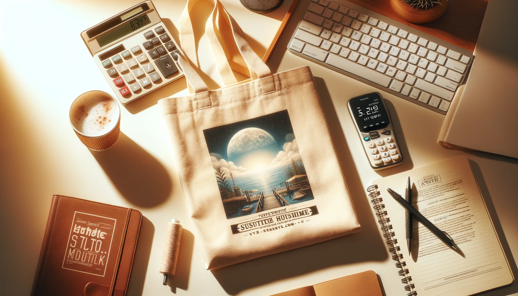 Torba bawełniana z nadrukiem reklamowym na biurku obok kalkulatora i notatnika